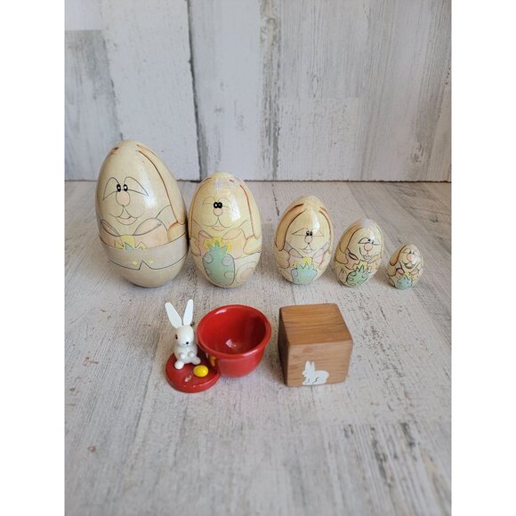 Easter bunny Russian stacking egg wooden vintage figure decor - Picture 1 of 14